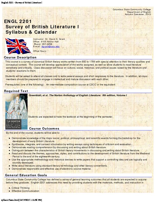 English 2201 - Survey of British Literature I