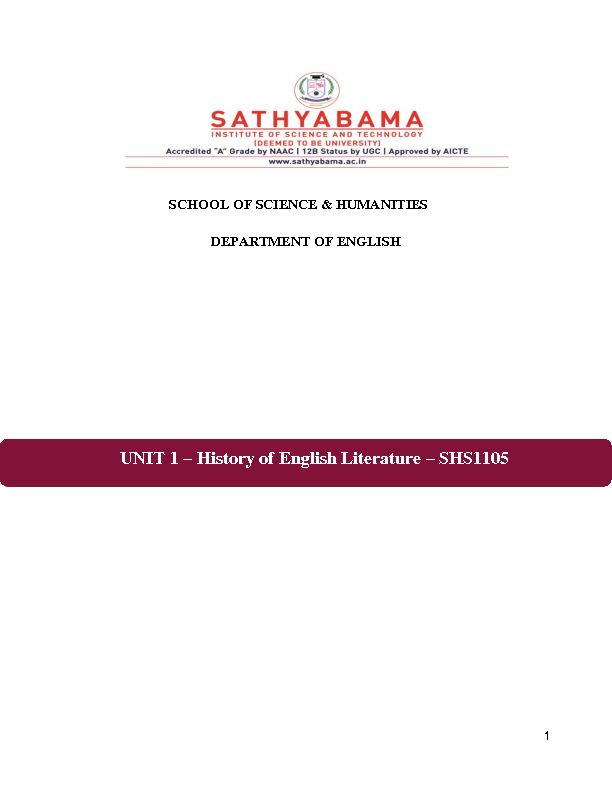 UNIT 1 – History of English Literature – SHS1105 - Sathyabama
