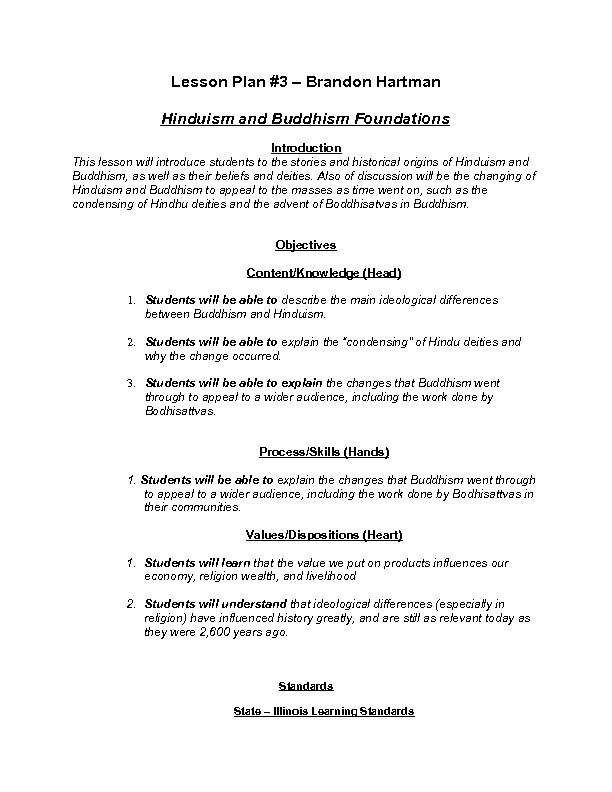 Lesson Plan   – Brandon Hartman Hinduism and Buddhism