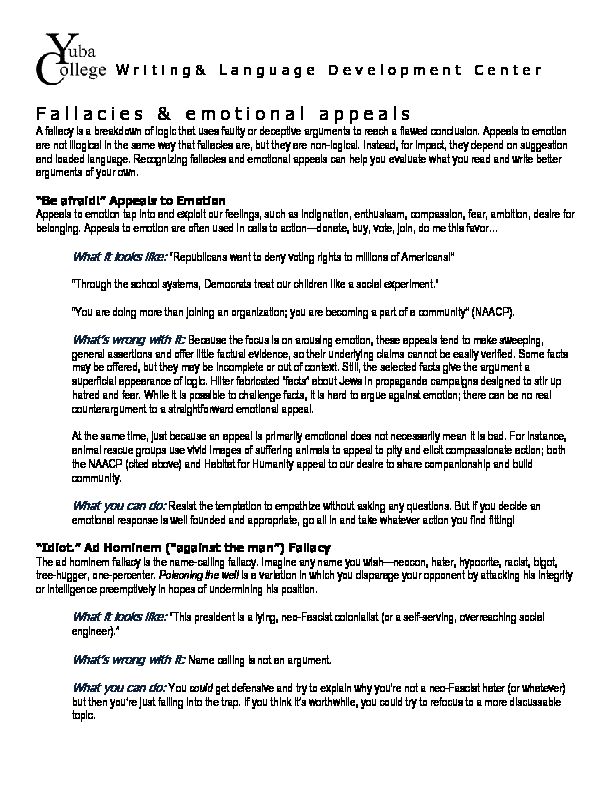 [PDF] Fallacies & Emotional Appeals - Yuba College
