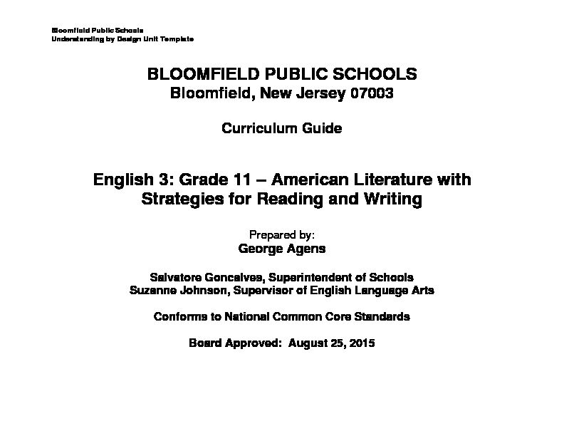 BLOOMFIELD PUBLIC SCHOOLS English 3: Grade 11 – American