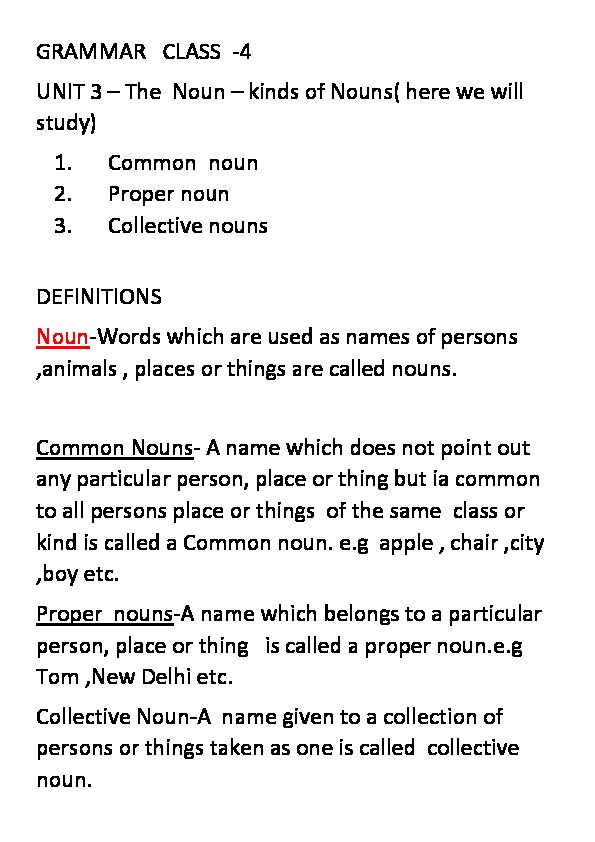 [PDF] GRAMMAR CLASS -4 UNIT 3 – The Noun – kinds of Nouns( here