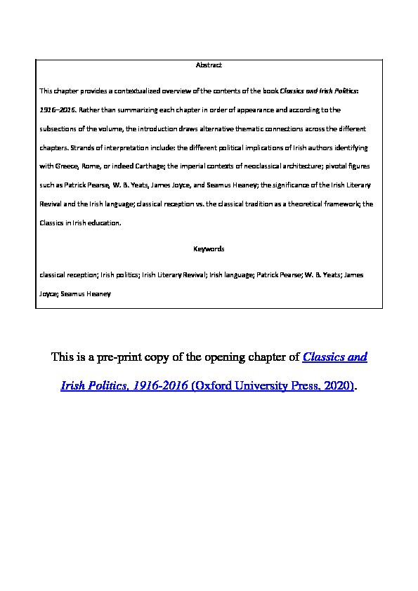 [PDF] Classics and Irish Politics Opening chapter (pdf) - Classical