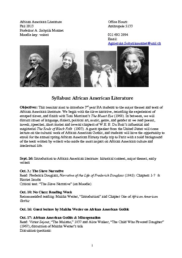 [PDF] Syllabus: African American Literature - UNIL