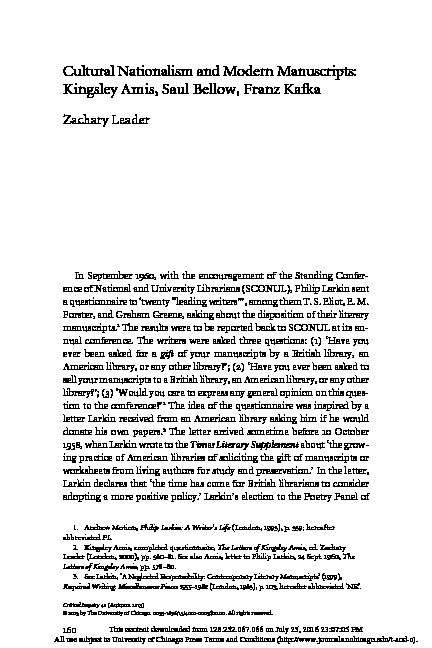 [PDF] Cultural Nationalism and Modern Manuscripts: Kingsley Amis, Saul