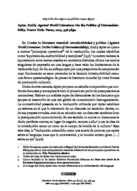 [PDF] Apter, Emily Against World Literature: On the Politics of Untranslata