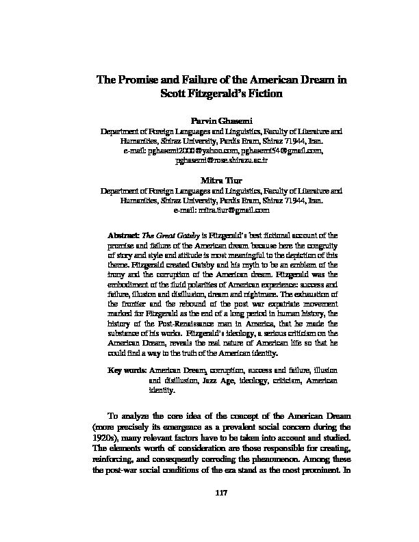 [PDF] The Promise and Failure of the American Dream in Scott  - Neliti