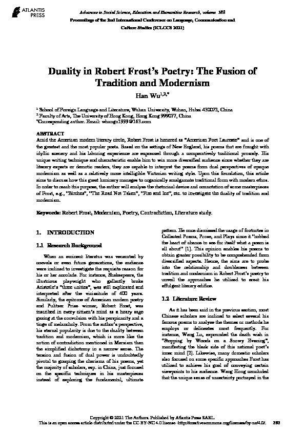 [PDF] Duality in Robert Frosts Poetry: The Fusion of Tradition and