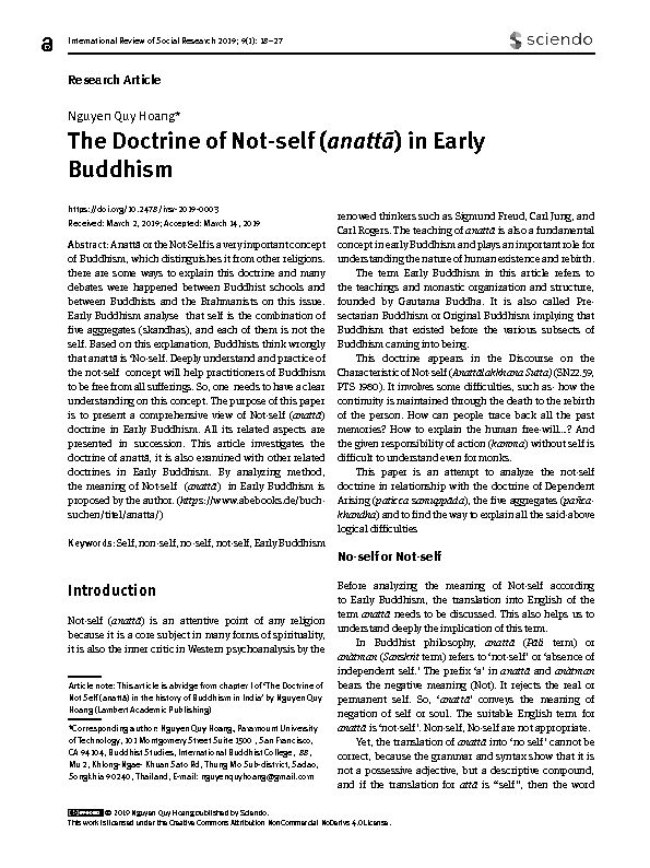 [PDF] The Doctrine of Not-self (anatt?) in Early Buddhism - Sciendo