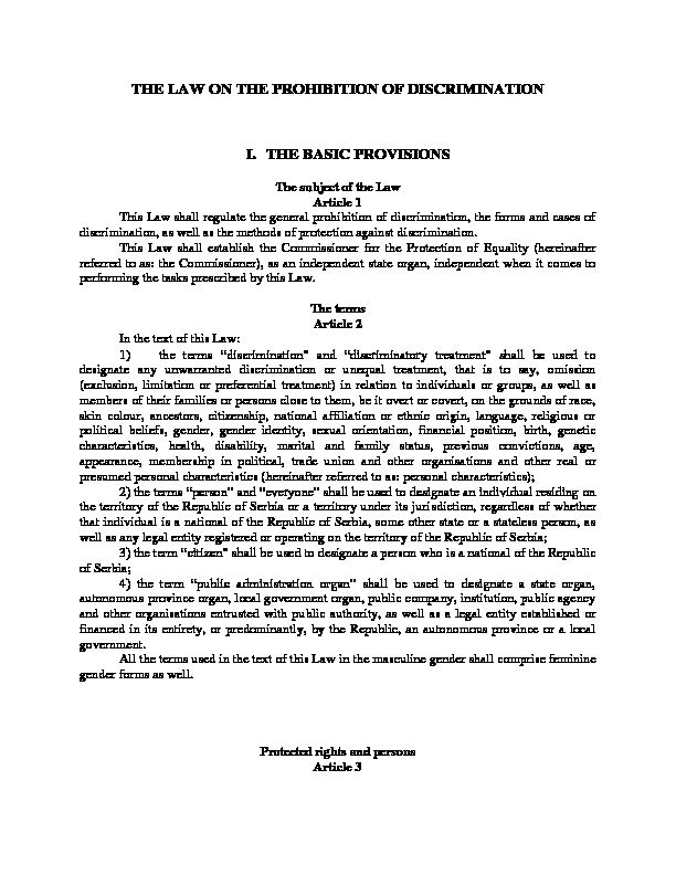 [PDF] THE LAW ON THE PROHIBITION OF DISCRIMINATION I THE  - Azil