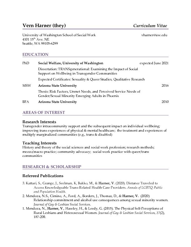 [PDF] Vern Harner (they) - School of Social Work - University of Washington