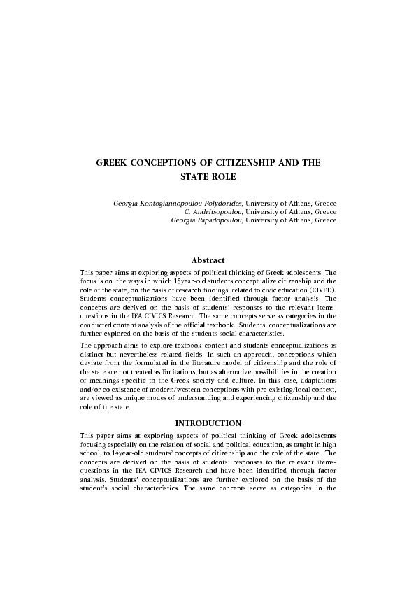 [PDF] GREEK CONCEPTIONS OF CITIZENSHIP AND THE STATE  - IEA