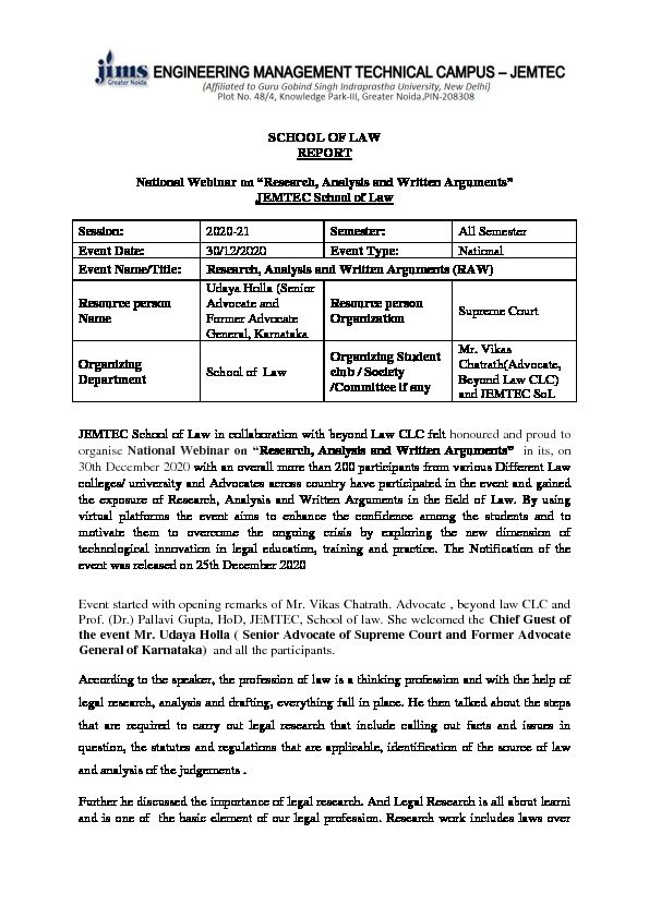 [PDF] SCHOOL OF LAW REPORT National Webinar on “Research