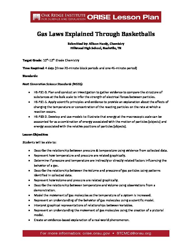 ORISE Lesson Plan: Gas Laws Explained Through Basketballs