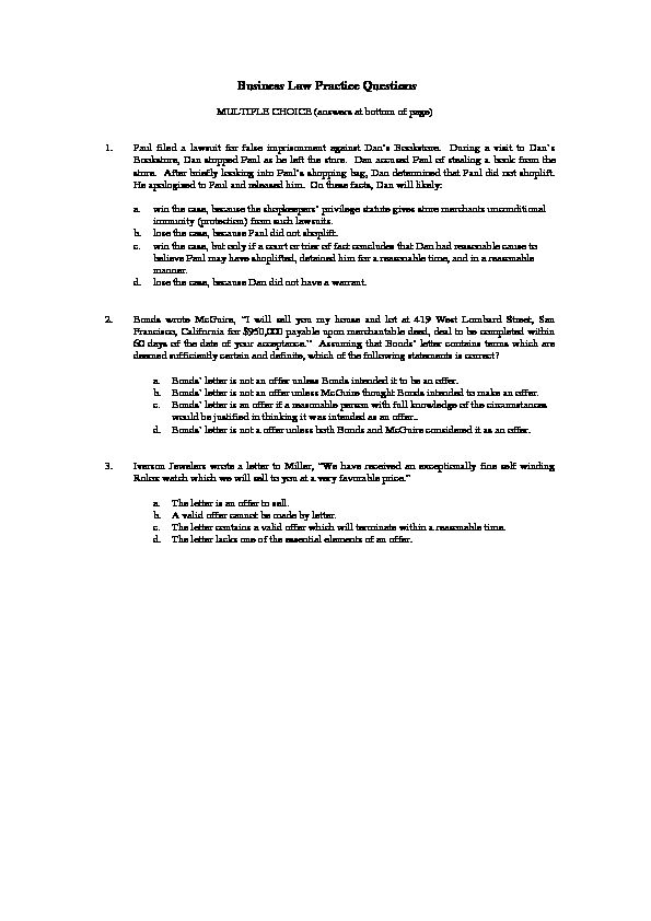 [PDF] Business Law Practice Questions - CSUN