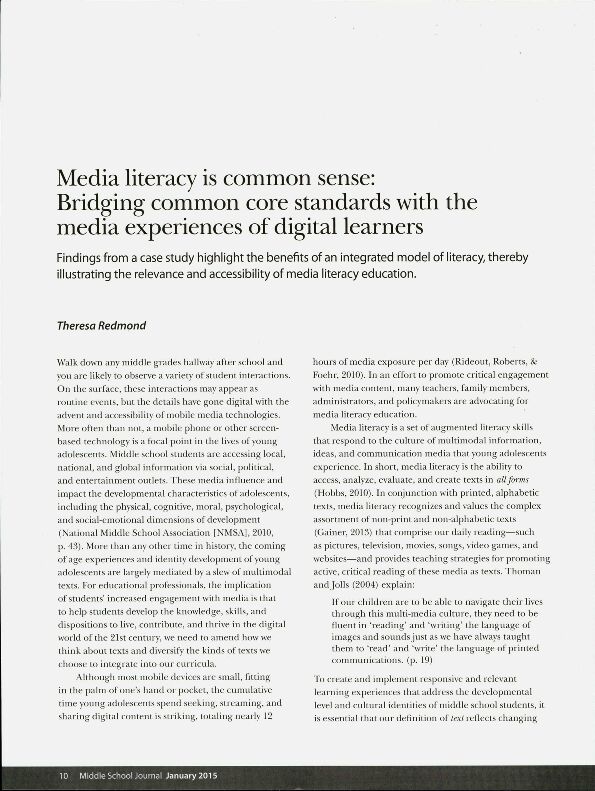 [PDF] Media literacy is common sense: Bridging common core standards