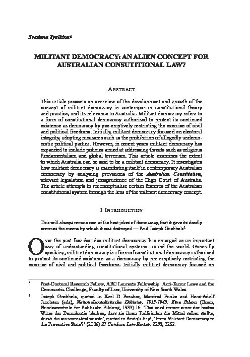MILITANT DEMOCRACY: AN ALIEN CONCEPT FOR AUSTRALIAN