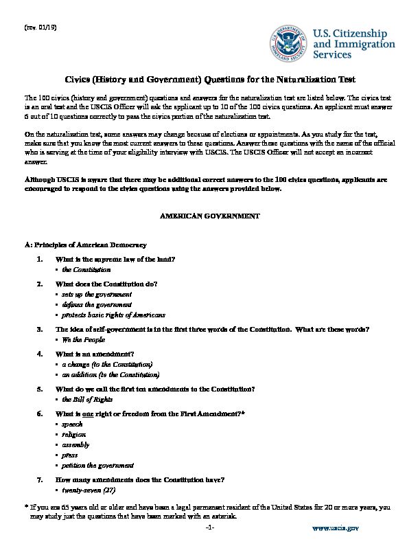 Civics (History and Government) Questions for the Naturalization Test