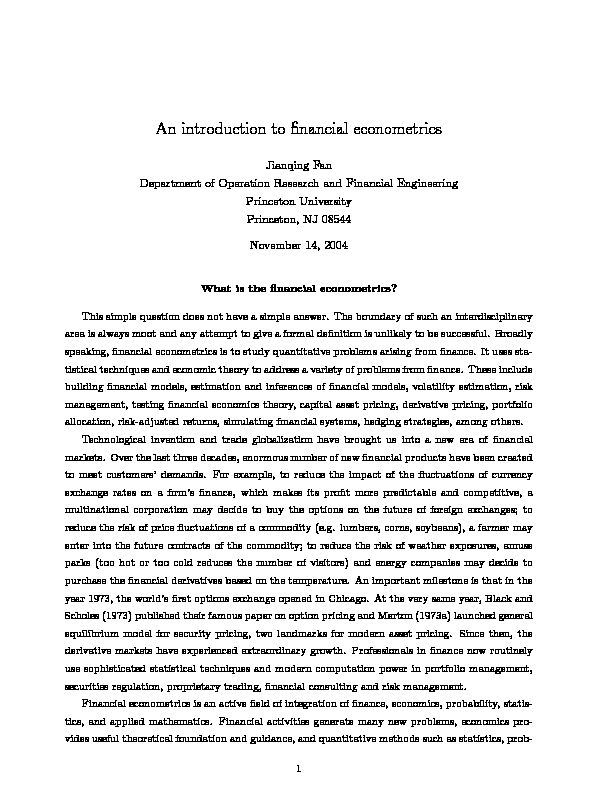 [PDF] An introduction to financial econometrics - Jianqing Fan