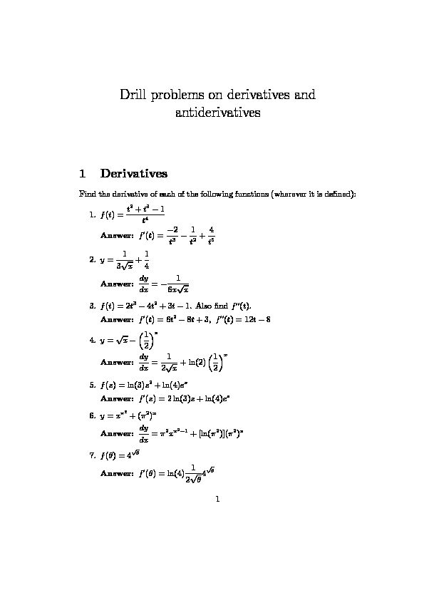 [PDF] Drill problems on derivatives and antiderivatives - Arizona Math