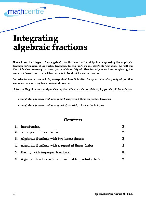 [PDF] Integrating algebraic fractions - Mathcentre