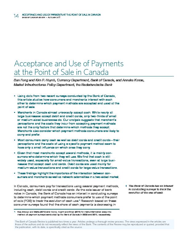 [PDF] Acceptance and Use of Payments at the Point of Sale in Canada