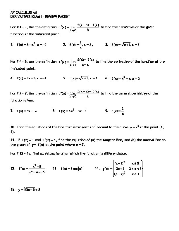 [PDF] AP CALCULUS AB DERIVATIVES EXAM I – REVIEW PACKET For  &# 1