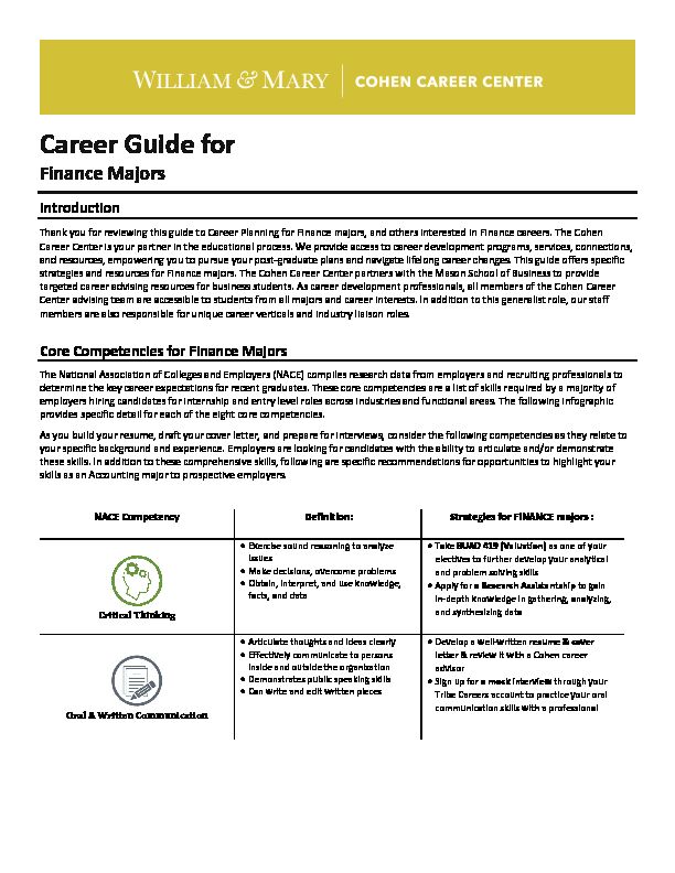[PDF] Career Guide for - Finance Majors - Mason School of Business