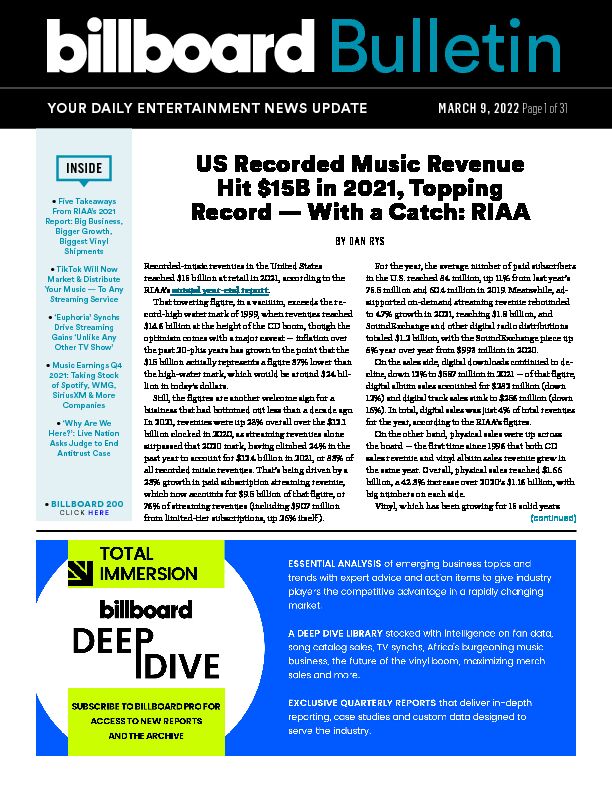 [PDF] US Recorded Music Revenue Hit $15B in 2021, Topping  - Billboard