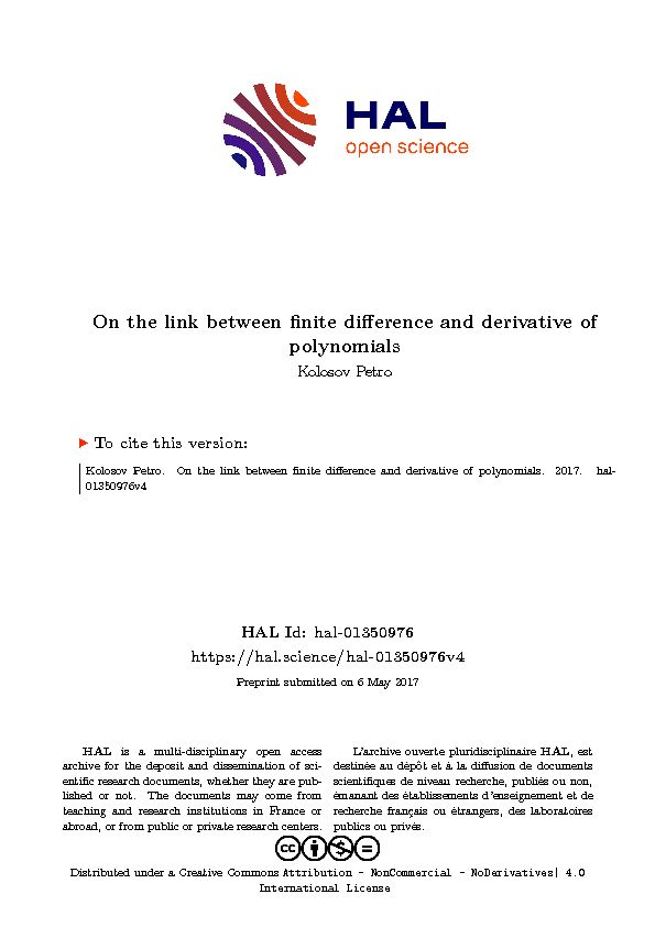 [PDF] On the link between finite difference and derivative of polynomials