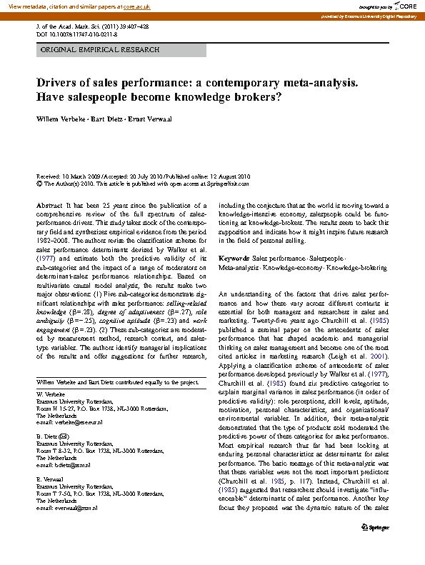 [PDF] Drivers of sales performance: a contemporary meta-analysis Have