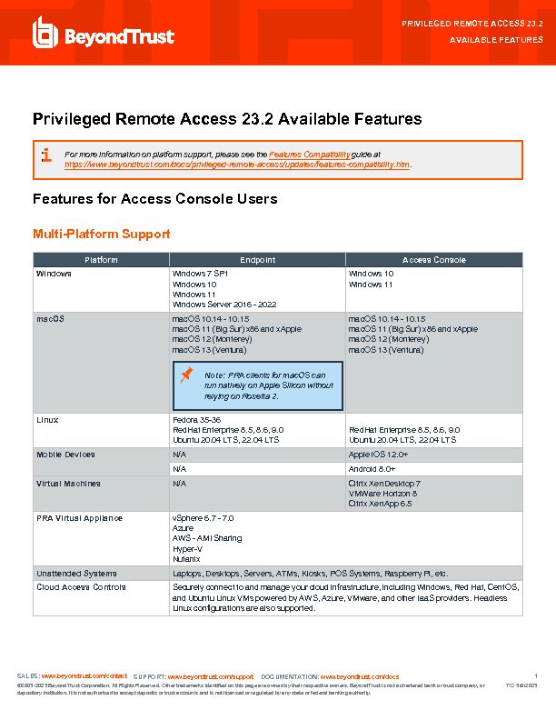 [PDF] Privileged Remote Access 222 Available Features - BeyondTrust