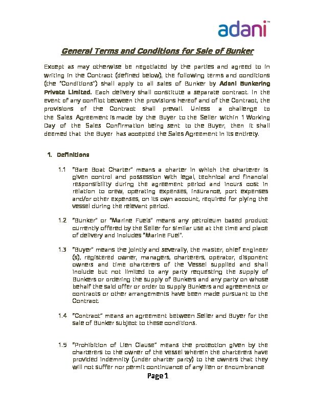 [PDF] General Terms and Conditions for Sale of Bunker - Adani Bunkering