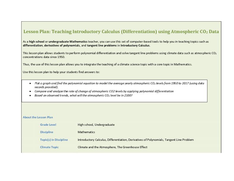 [PDF] Lesson Plan: Teaching Introductory Calculus (Differentiation) using