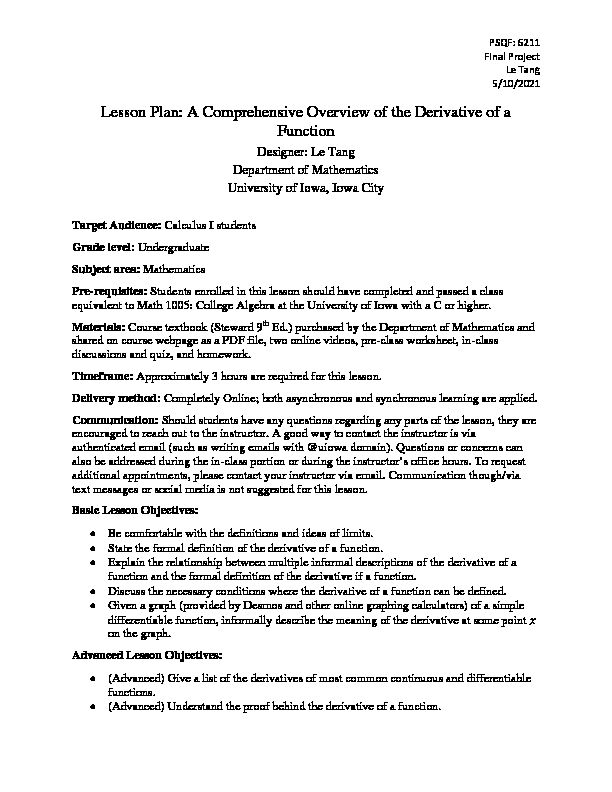 [PDF] Lesson Plan: A Comprehensive Overview of the Derivative of a