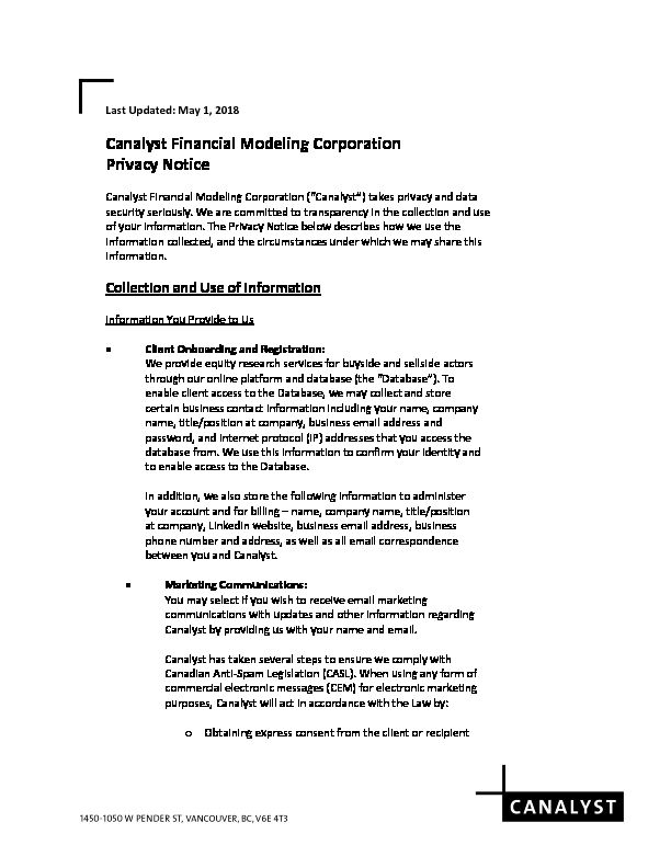 [PDF] Canalyst Financial Modeling Corporation Privacy Notice