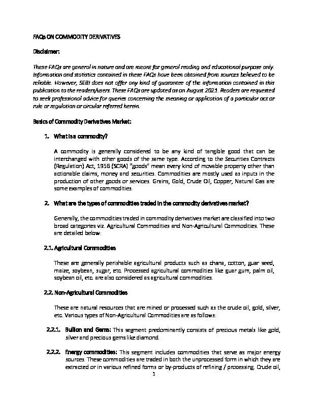 [PDF] FAQs ON COMMODITY DERIVATIVES Disclaimer - SEBI