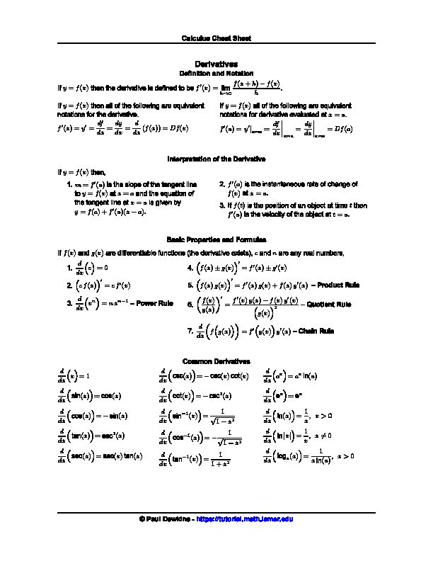 [PDF] Derivative Cheat Sheet - Pauls Online Math Notes