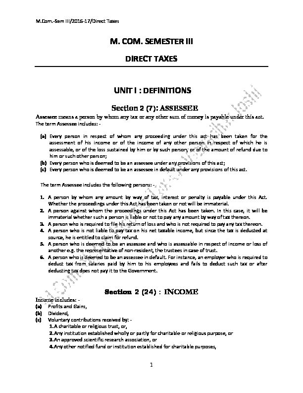 [PDF] M COM SEMESTER III DIRECT TAXES UNIT I : DEFINITIONS
