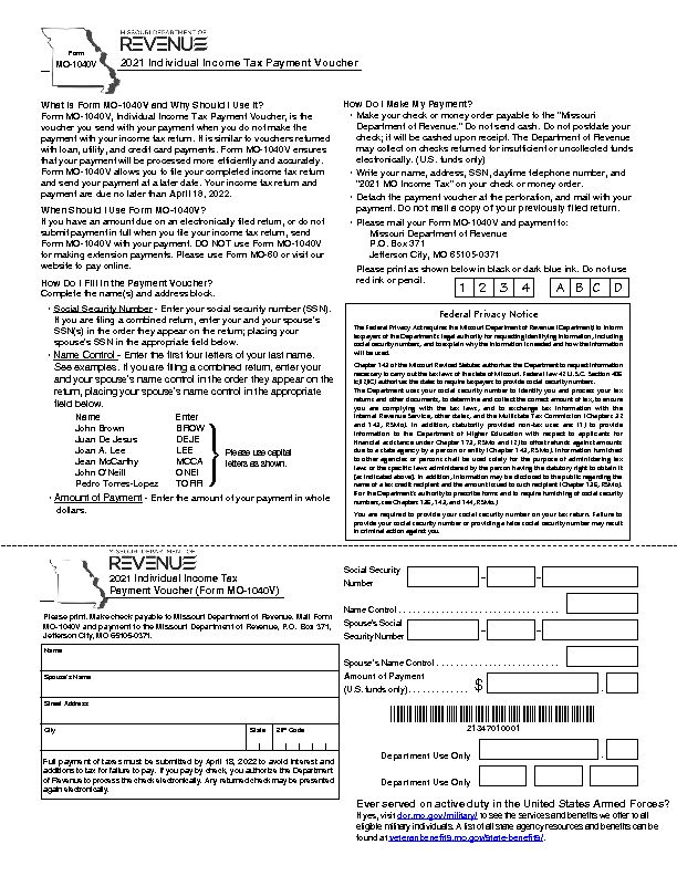 [PDF] Form MO-1040V - 2021 Individual Income Tax Payment Voucher