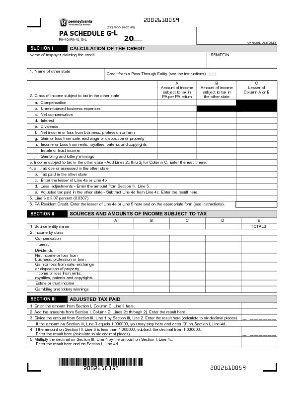[PDF] PA Schedule G-L - Resident Credit for Taxes Paid (PA-40/PA-41 G-L)