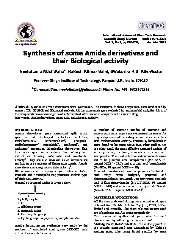[PDF] Synthesis of some Amide derivatives and their Biological activity