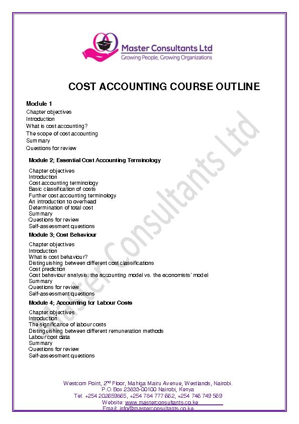 COST ACCOUNTING COURSE OUTLINE