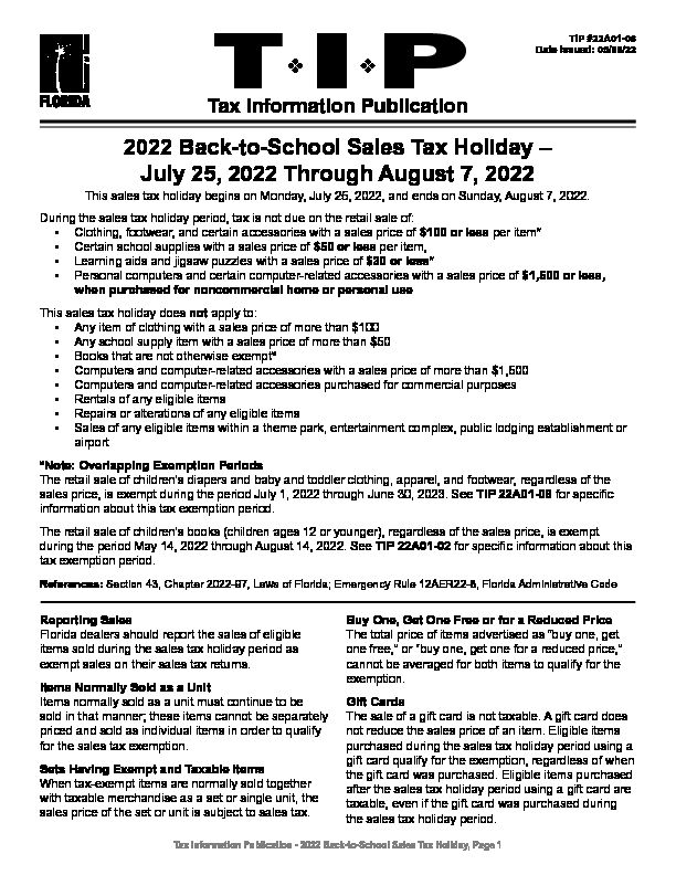 2022 Back-to-School Sales Tax Holiday – July 25 2022 Through