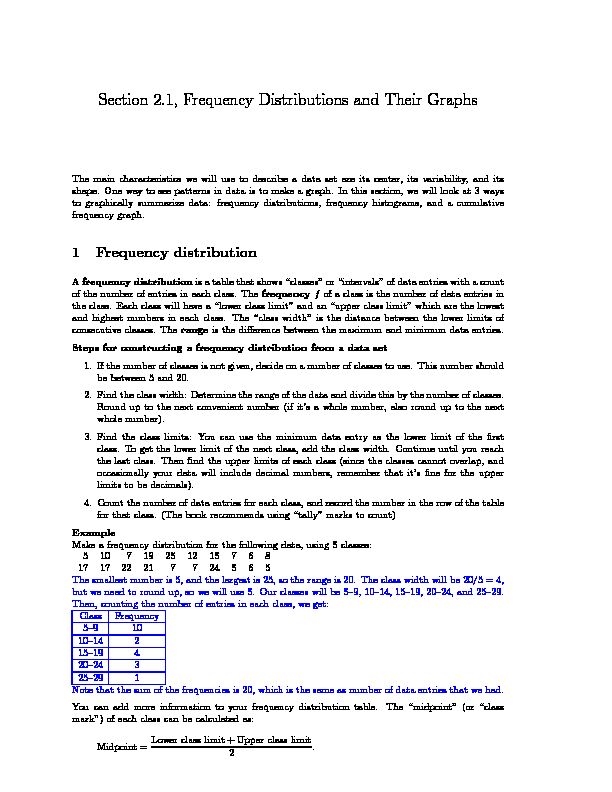 [PDF] Section 21, Frequency Distributions and Their Graphs