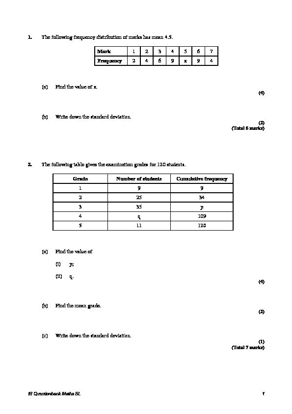[PDF] 1 The following frequency distribution of marks has mean 45 Mark