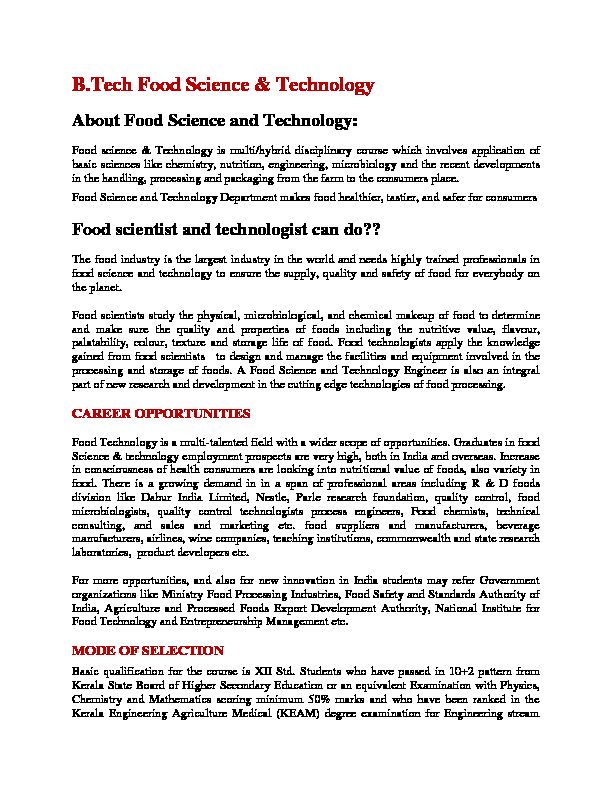 [PDF] BTech Food Science & Technology - Kufos