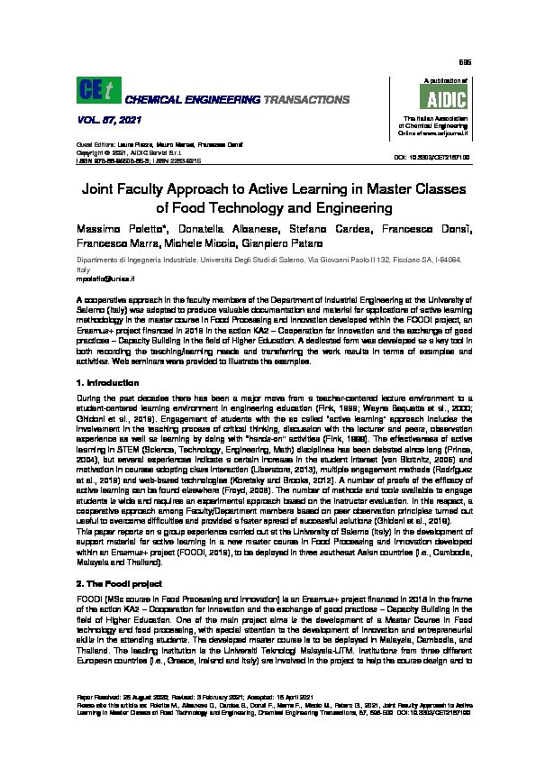 [PDF] Joint Faculty Approach to Active Learning in Master Classes of Food