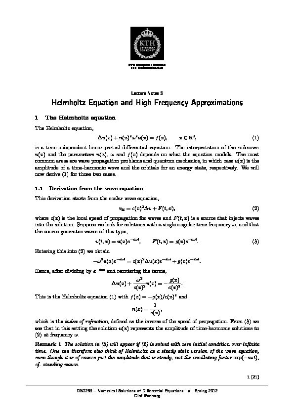 Helmholtz Equation and High Frequency Approximations