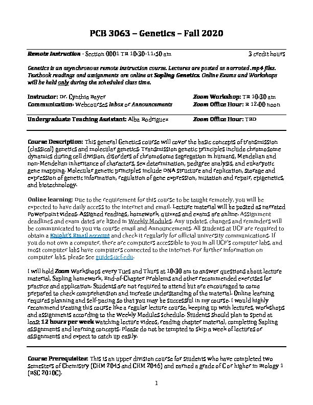 [PDF] PCB 3063 – Genetics – Fall 2020 - UCF College of Sciences